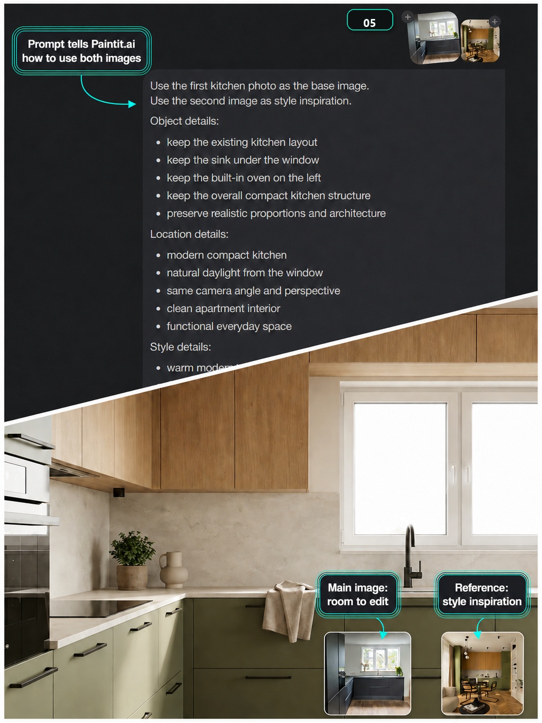 Paintit.ai screenshot showing a prompt that uses the first kitchen photo as the base image and the second image as style inspiration.