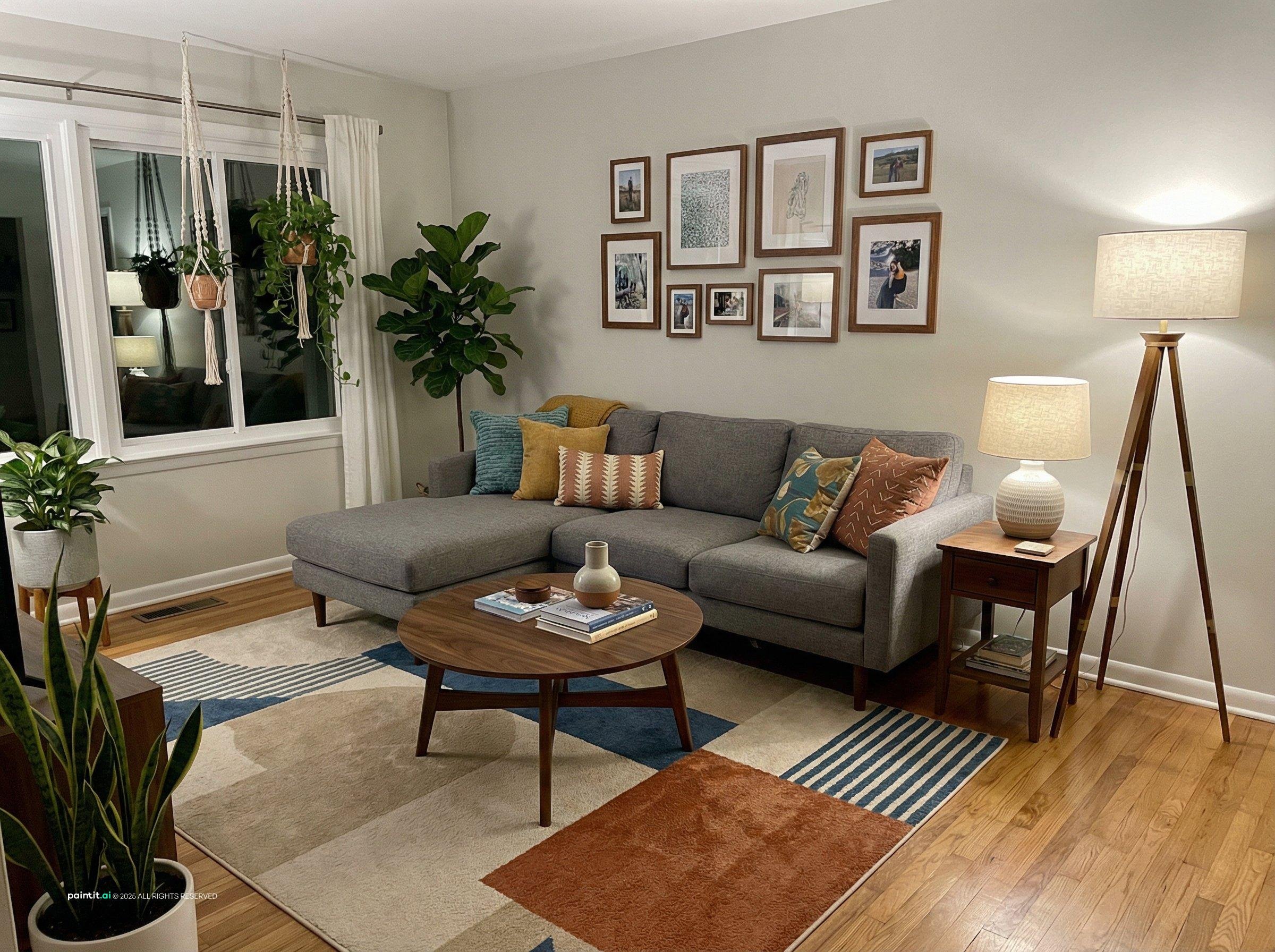 Living room with a gray sectional, colorful cushions, a patterned rug, a gallery wall and plants