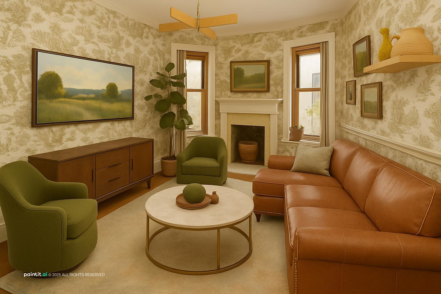 Living room with a tan leather sofa, green velvet armchairs, botanical wallpaper and a round coffee table
