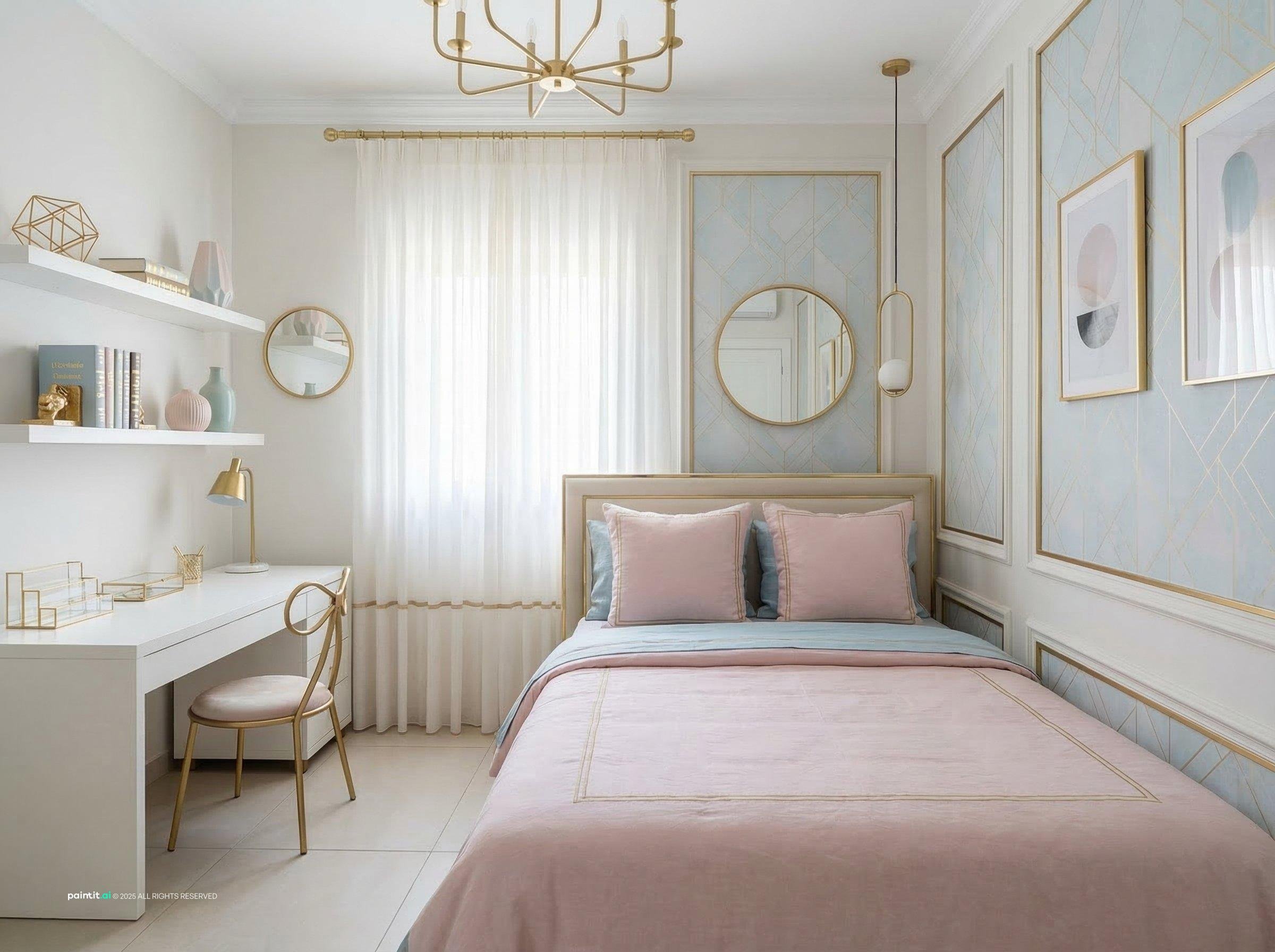Modern Regency bedroom in pastel pink and white with gold details, a desk and sheer curtains
