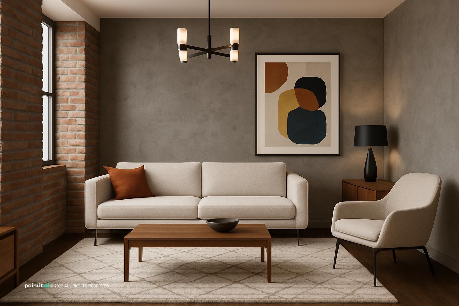 Living room with a grey textured plaster wall, exposed brick and abstract art