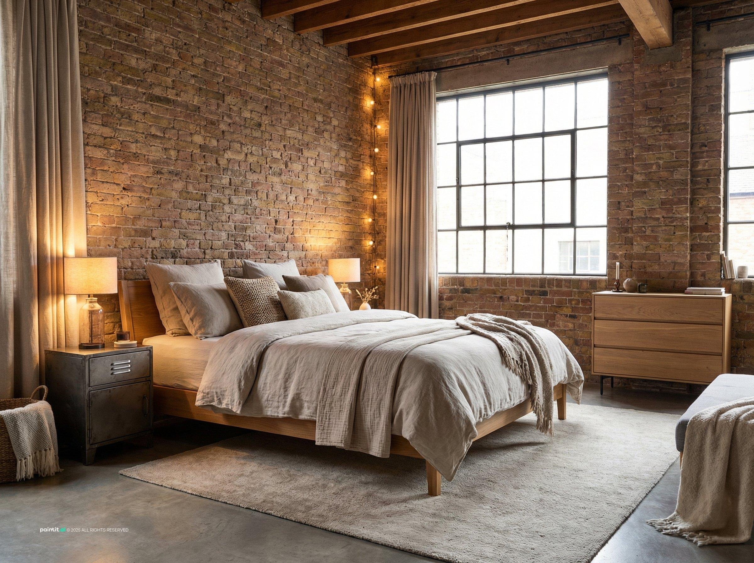 Loft bedroom with exposed brick, a simple wooden bed, string lights and a factory window