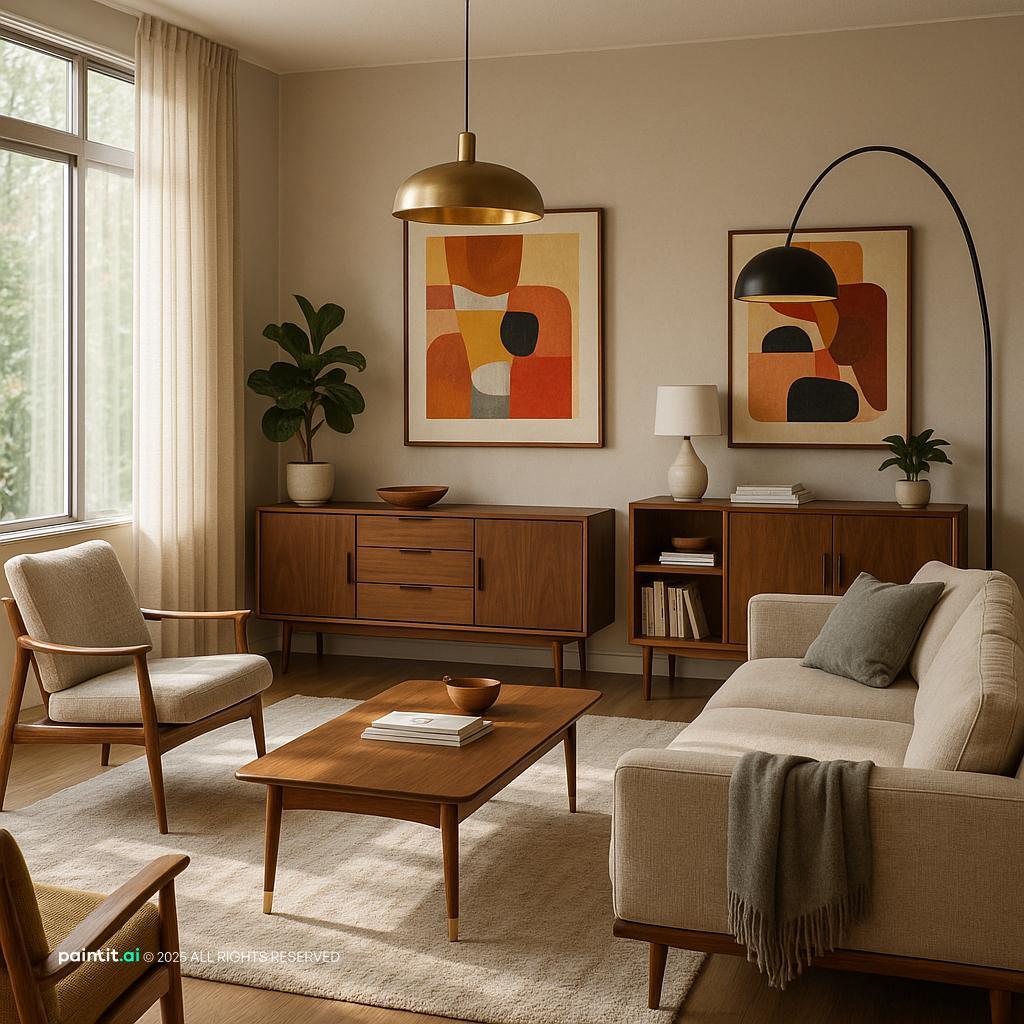 Stylish Mid-Century Modern Living Room showing warm wood, soft textiles, metal accents for Neutral Living Room Ideas.