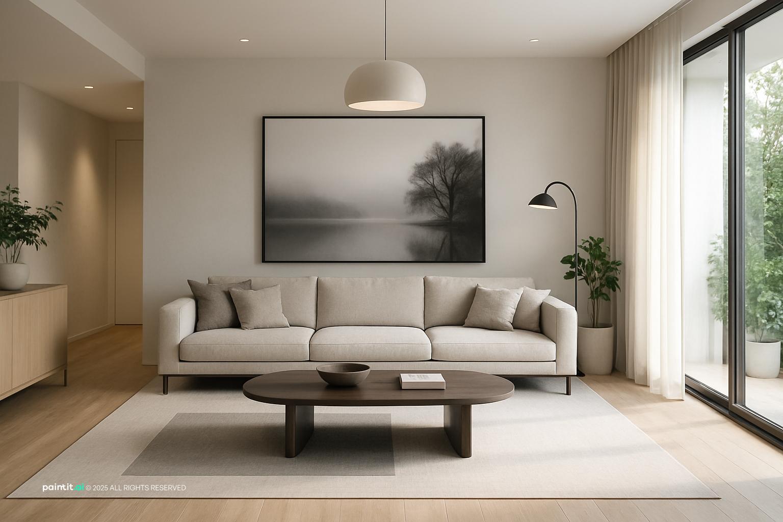 Contemporary living room with a low white sofa, a dark oval coffee table and floor-to-ceiling sliding glass doors