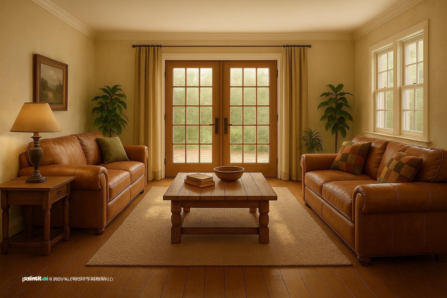 Small vintage living room with brown leather sofas, French doors, a wooden table and warm lamps
