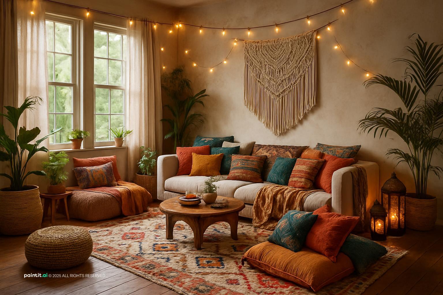 Boho living room with a cream sofa layered with patterned cushions, a macramé wall hanging, string lights, plants and floor cushions