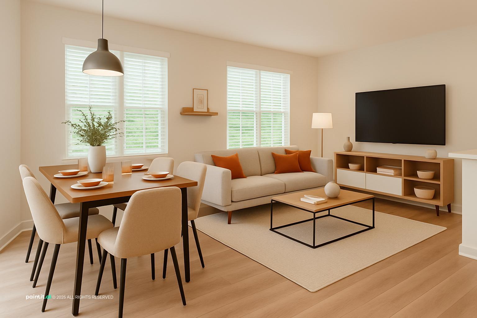 Open Scandinavian living and dining room with a wooden table, a gray sofa and a low TV unit