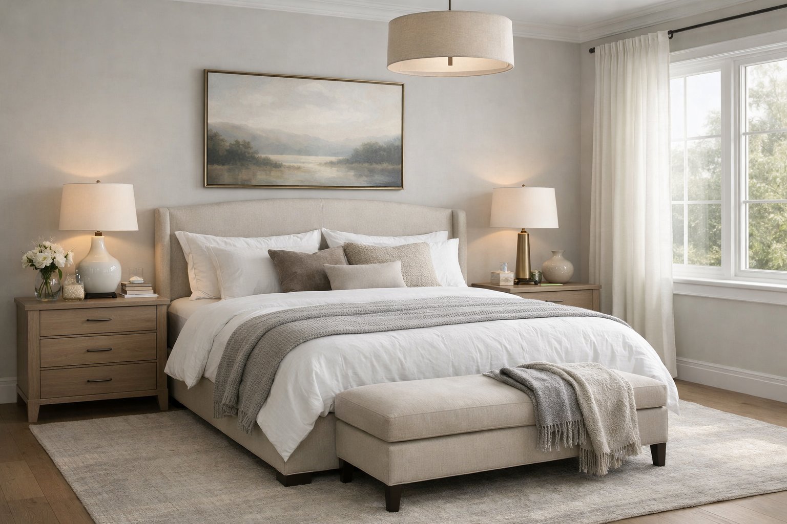 Bedroom redesign example showing strong bed placement, balanced furniture, and calm atmosphere