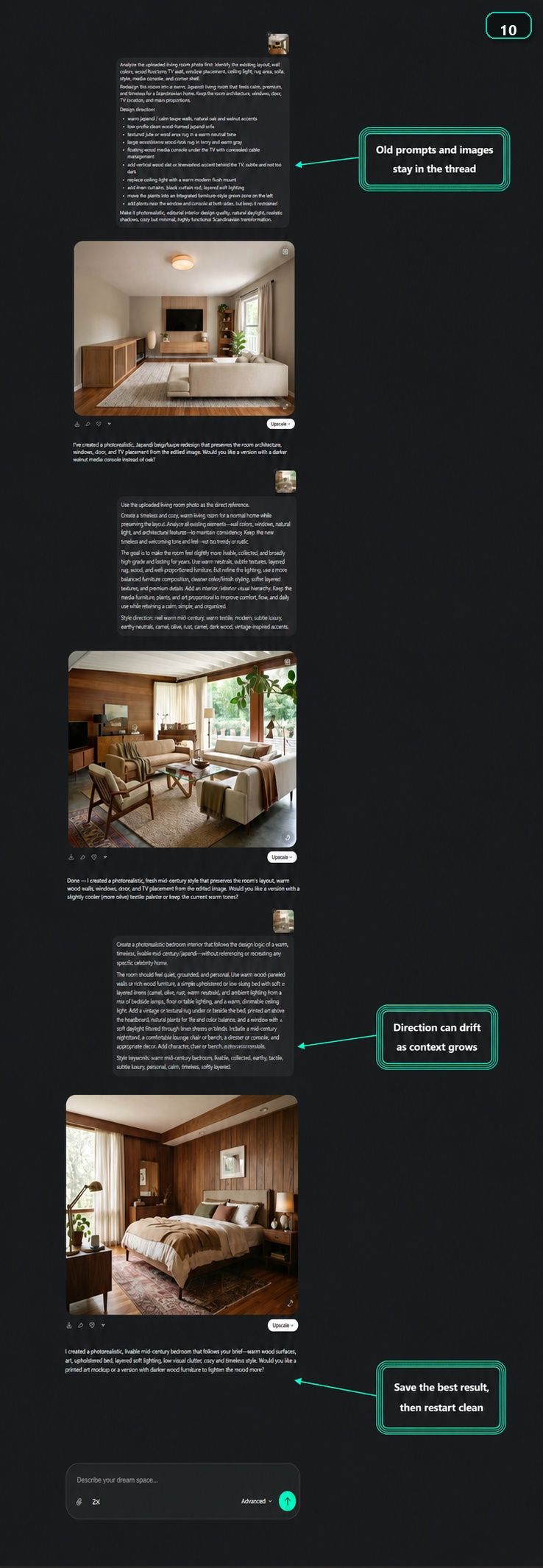 Long Paintit.ai chat thread showing multiple generated room images and annotations about old prompts, growing context, and restarting with a clean prompt.