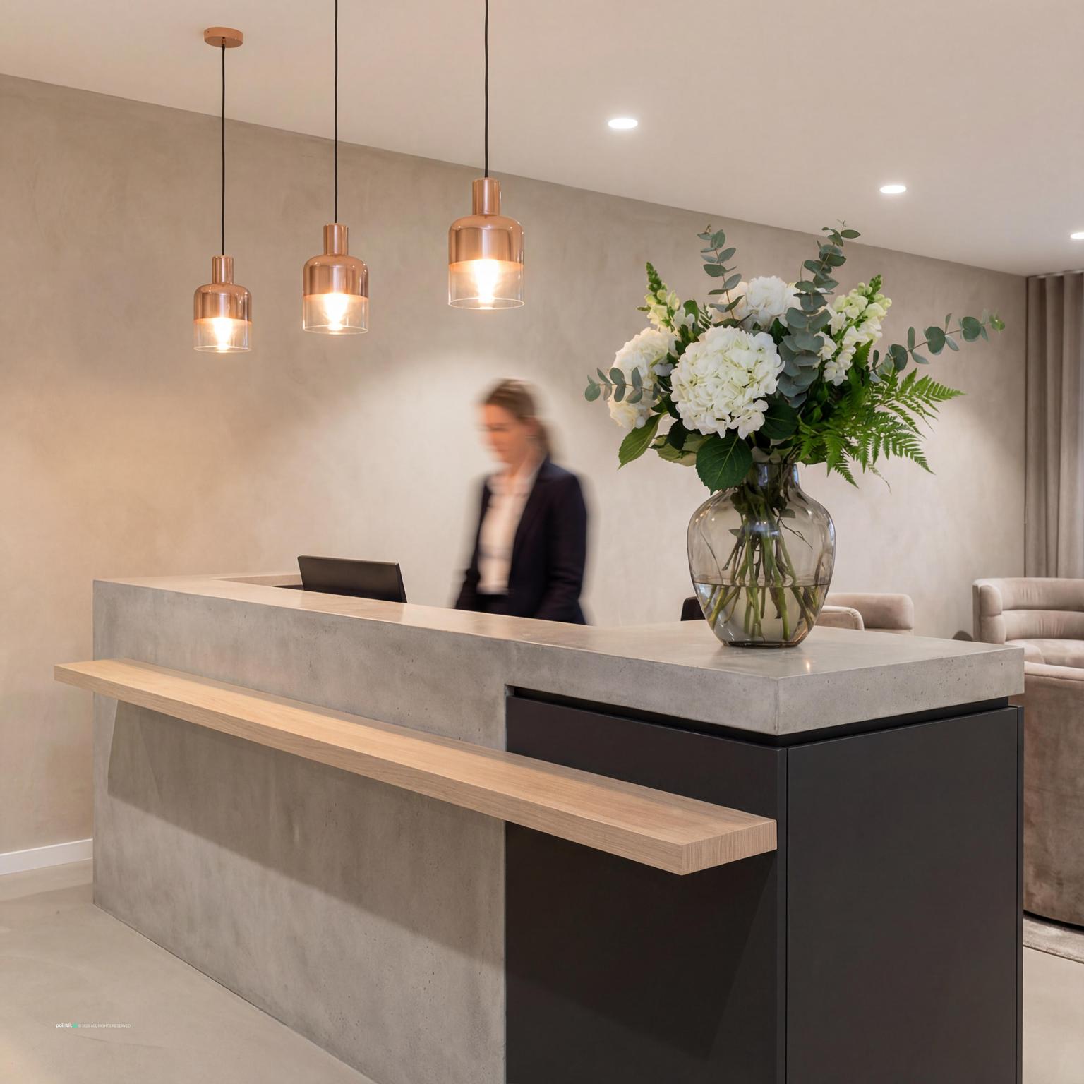 Modern reception desk with clear visitor circulation