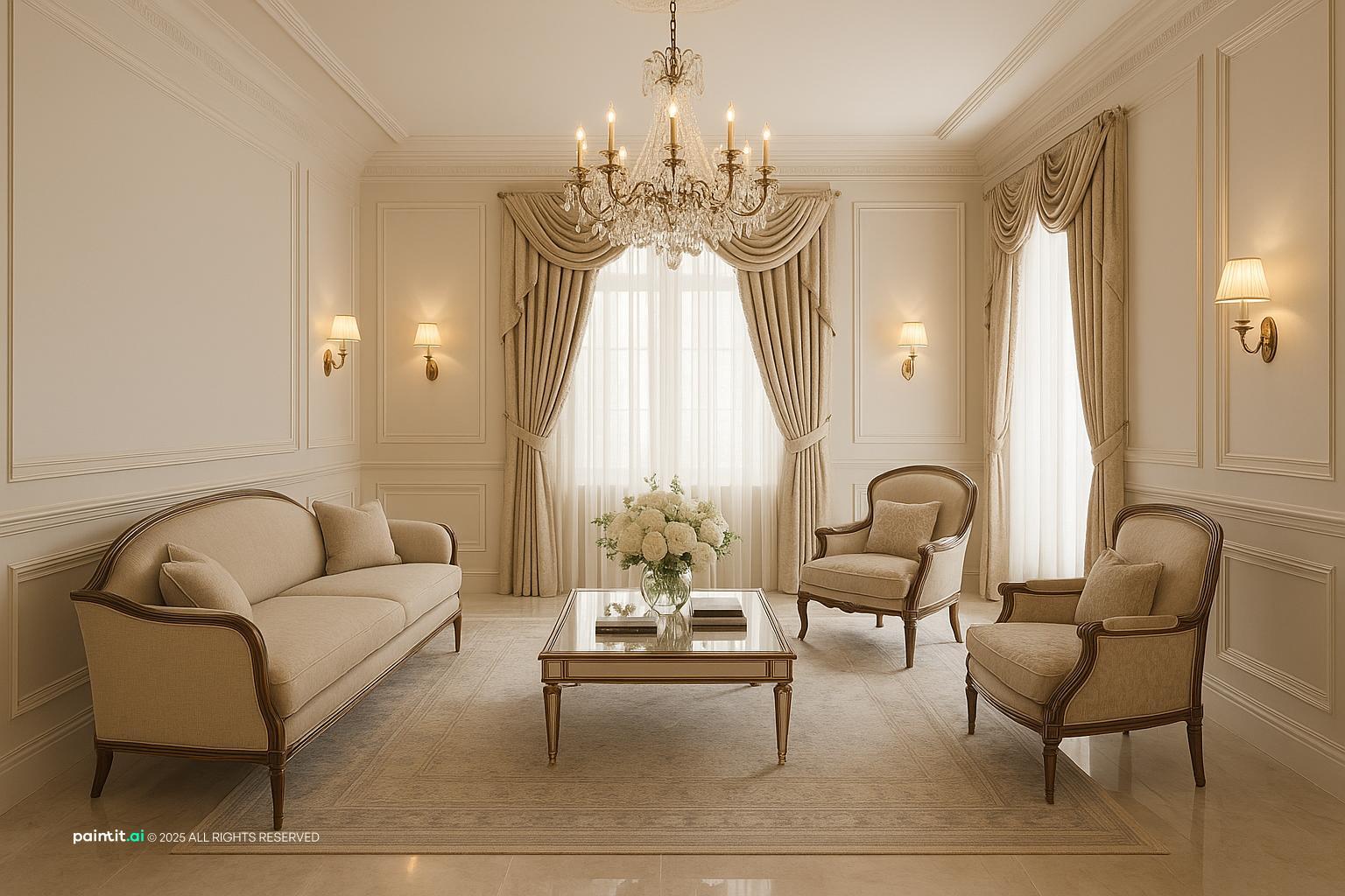 Formal living room with white panel molding, a chandelier, curtained windows and neutral armchairs