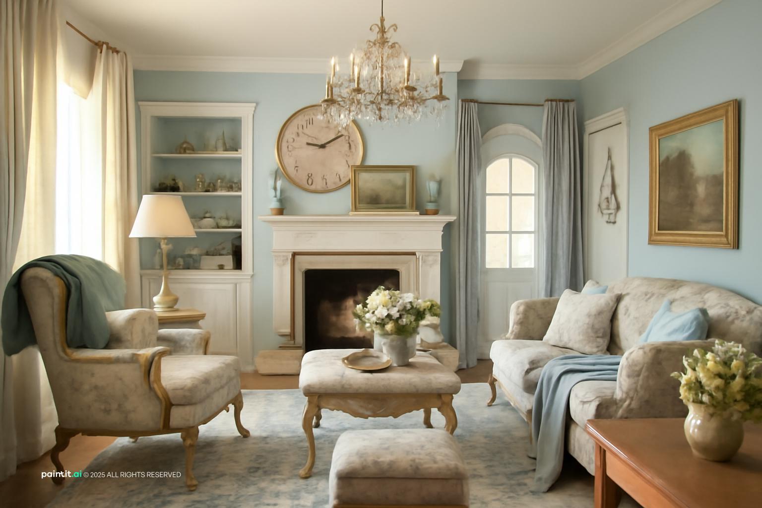 French country living room with pale blue walls, a large wall clock over the fireplace and floral armchairs