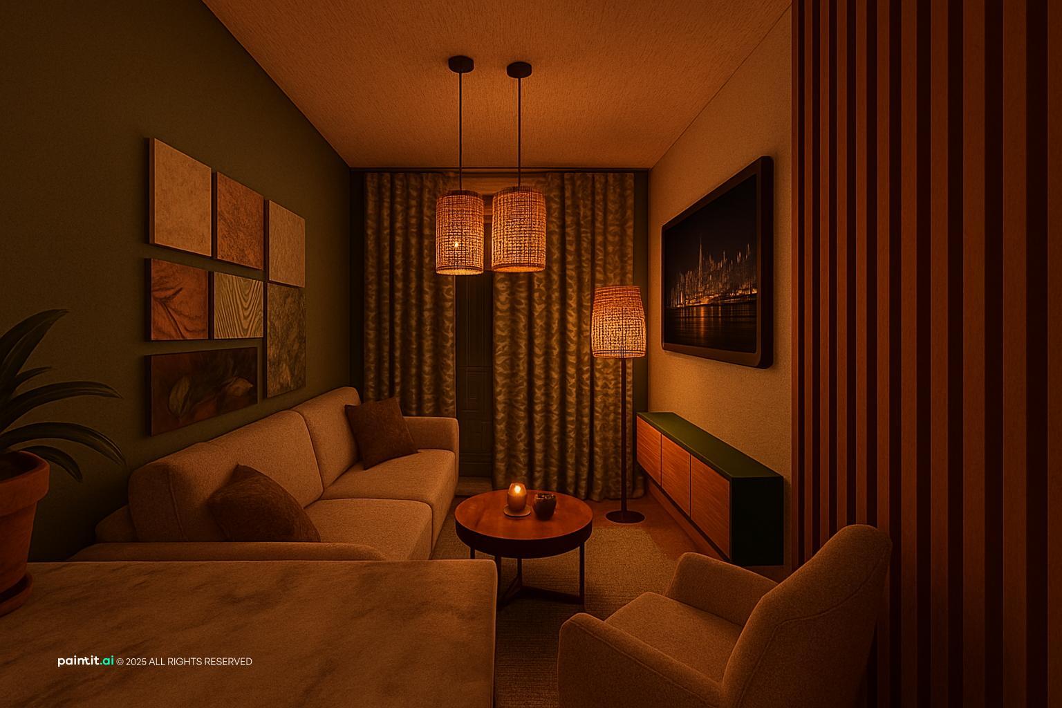 Dark living room lit by warm pendant lights, with a soft sofa and a wall-mounted TV