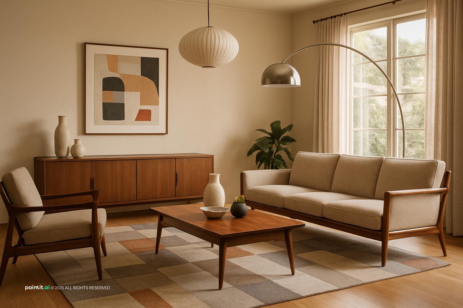 Mid century living room with a paper lantern, a cream sofa and a diamond-pattern rug