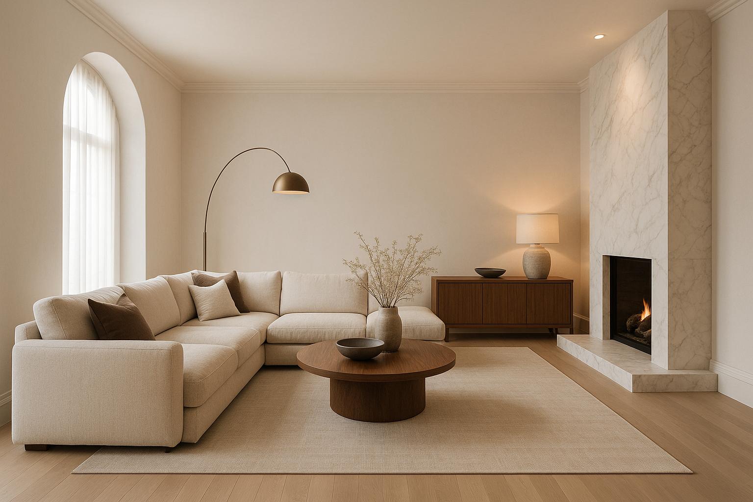 Stunning Modern Living Room Design showing fireplace focal point, layered neutrals for Living Room Fireplace Ideas.
