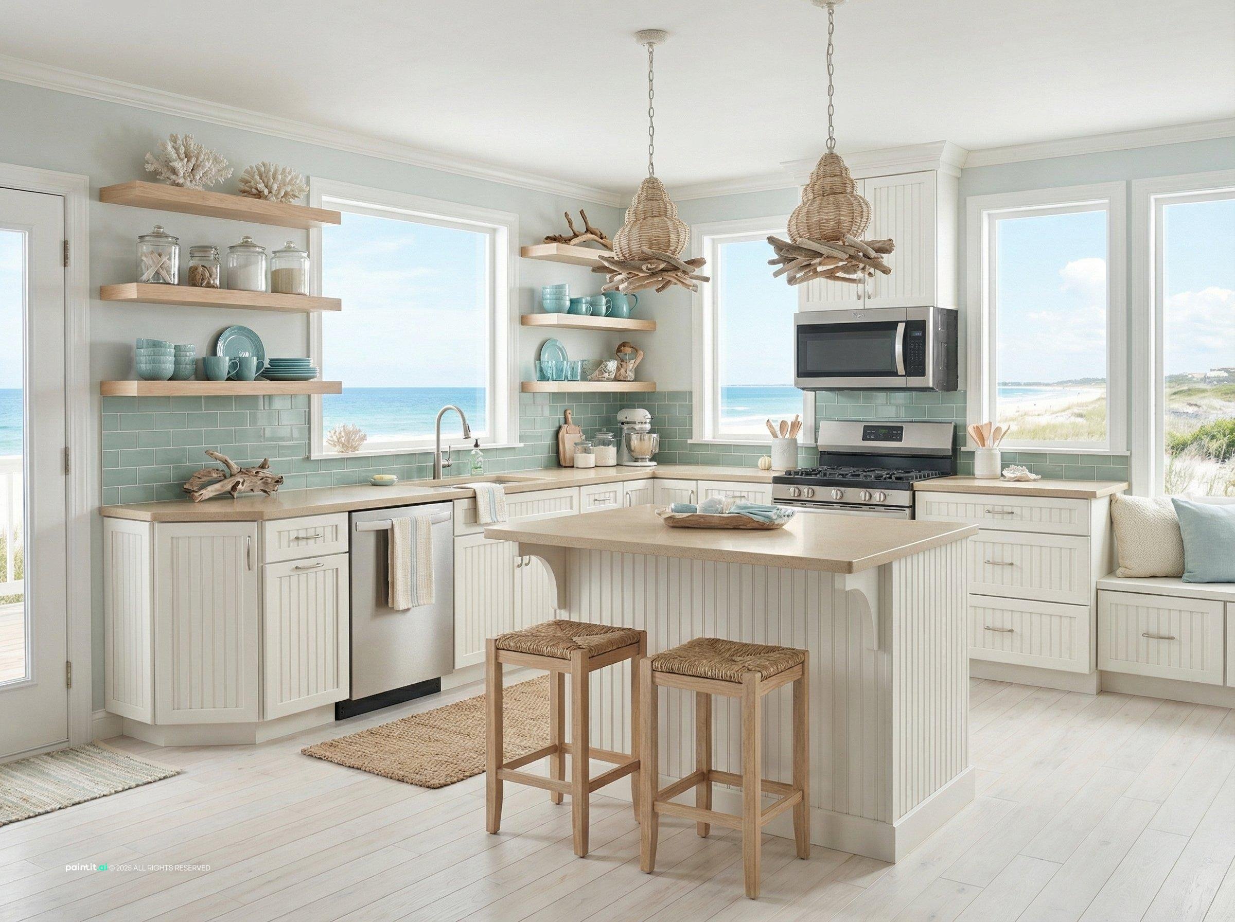 Bright kitchen with white beadboard cabinets, open shelves, rope pendants and a sea view