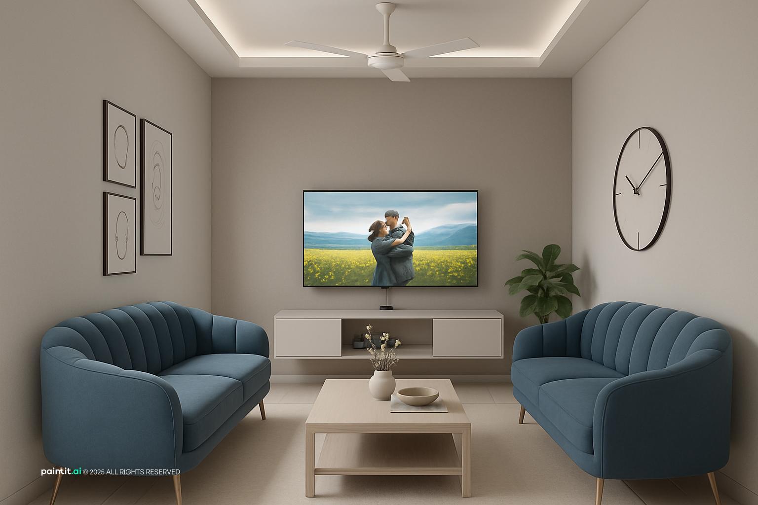 Living room with two blue scalloped sofas facing a TV
