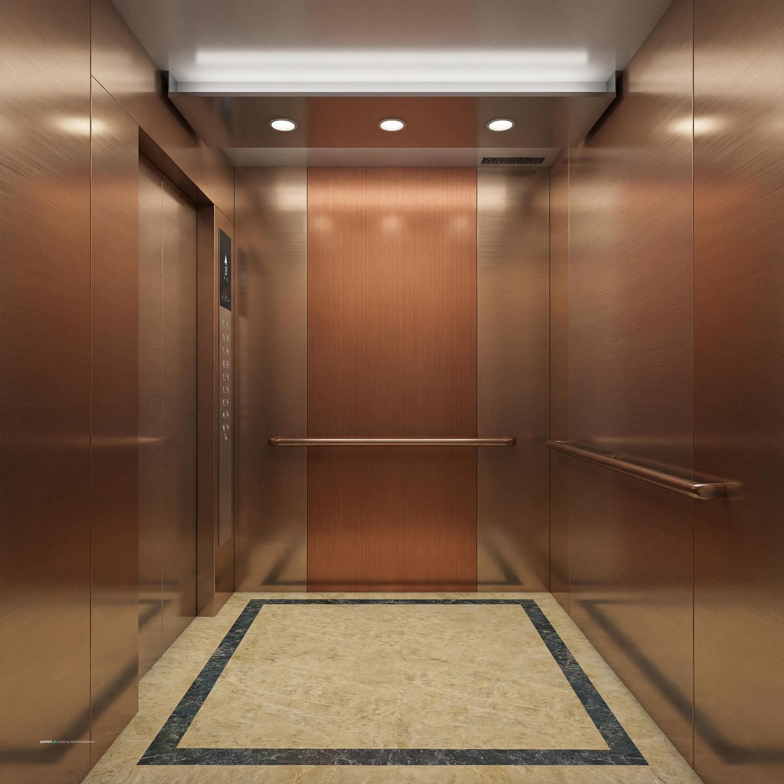 Elevator cab interior with bronze hairline stainless panels, a mirrored panel and an inlaid stone floor