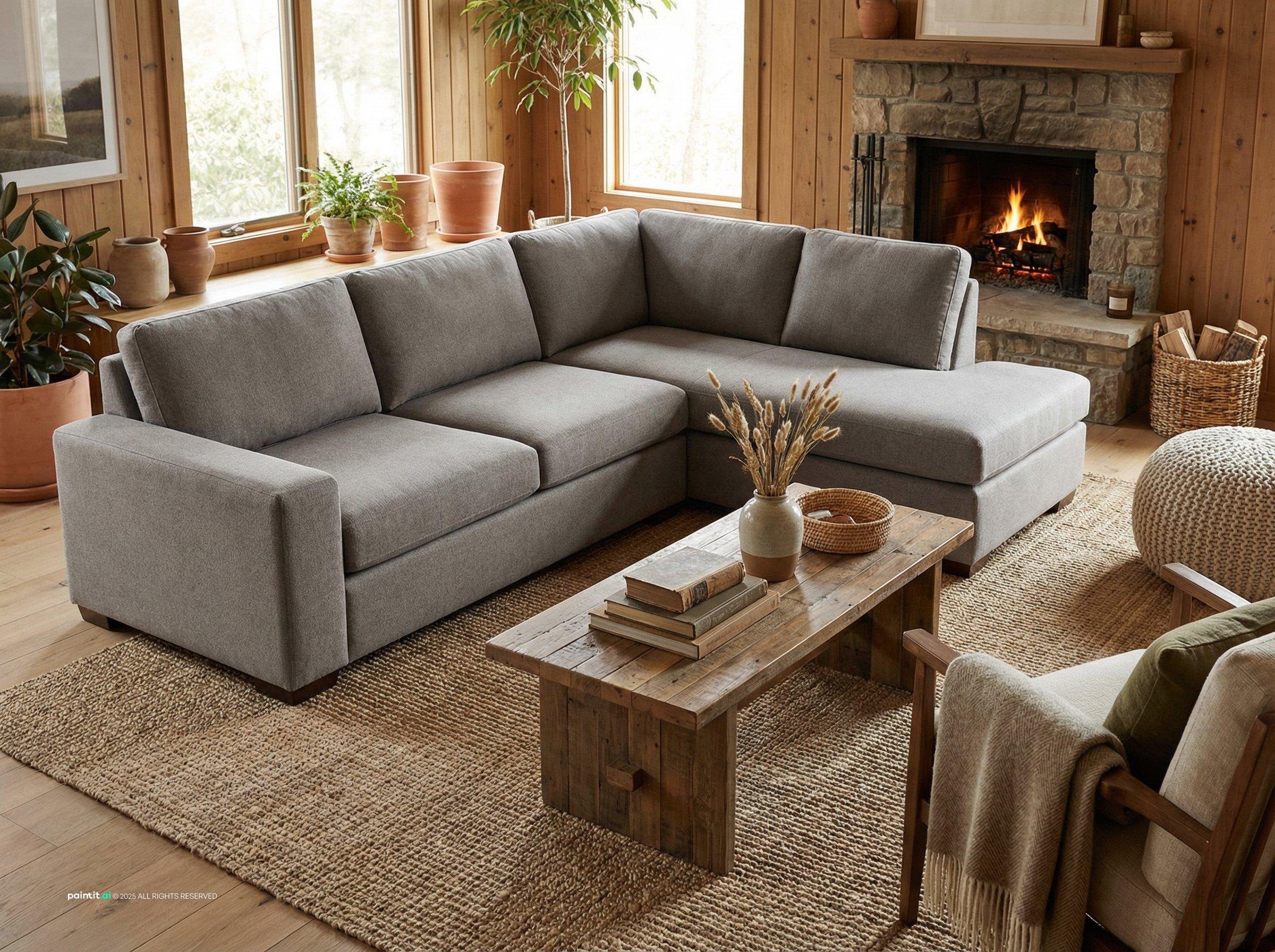 Living room with a gray sectional, a stone fireplace, terracotta plant pots and a wooden coffee table
