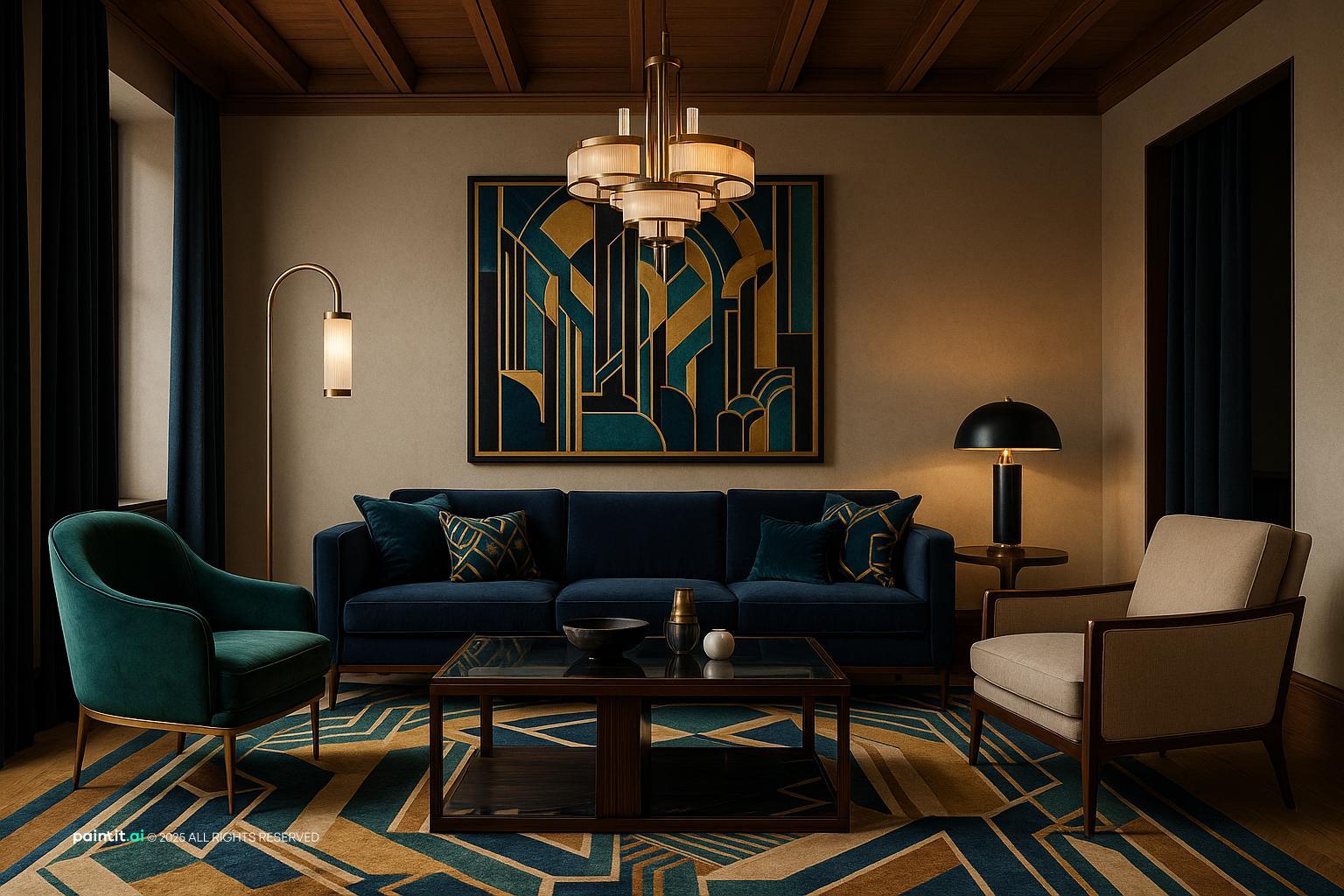 Elegant Art Deco Living Room Design showing metal accents, clean-lined furniture, layered neutrals for Contemporary Living Room Ideas.