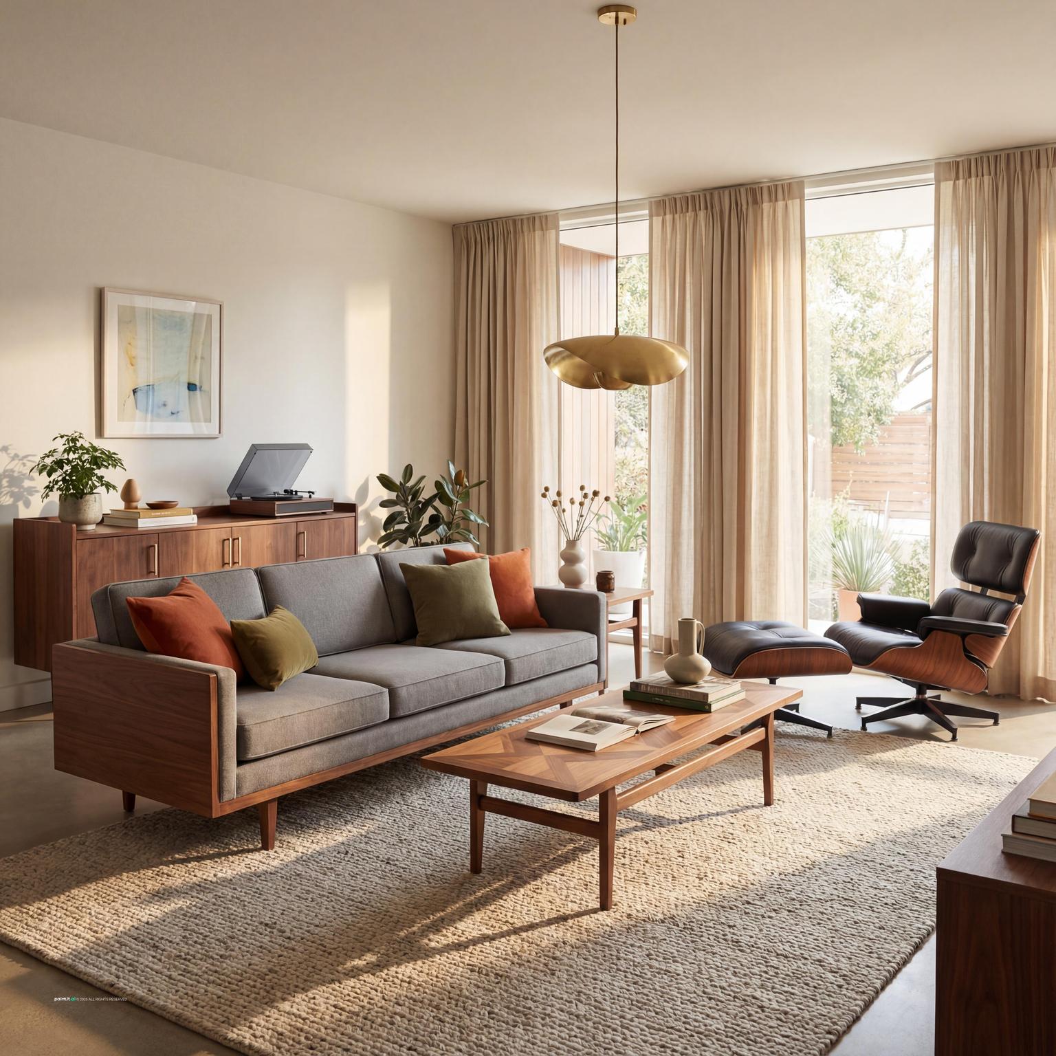 Stylish Mid-Century Modern living room featuring bold colors, organic shapes, and a playful yet sophisticated 70s interior design.