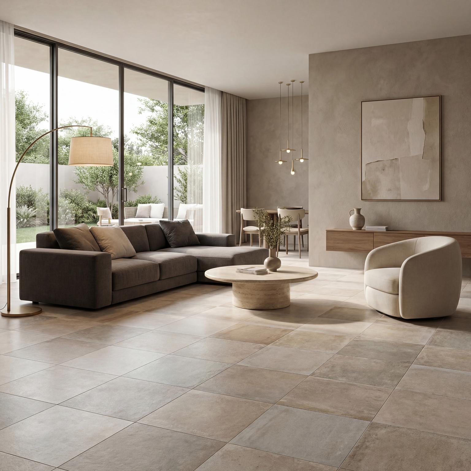 Modern long narrow living room featuring large tile flooring, creating an illusion of wider space and a sleek, expansive foundation.