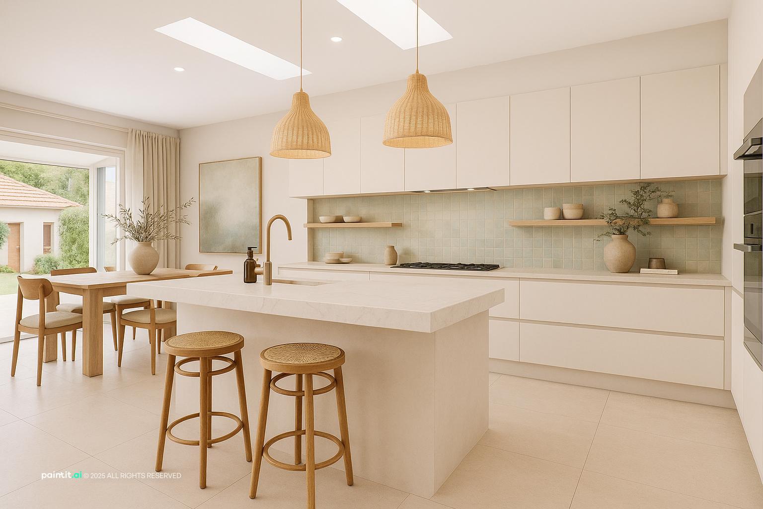 Modern Mediterranean kitchen with white cabinets, wooden stools and rattan pendant lights