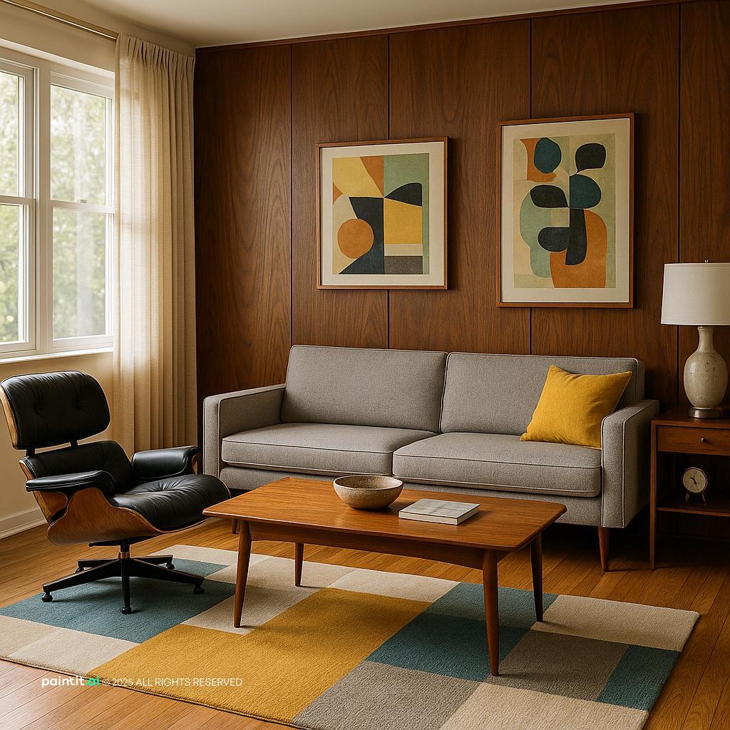 Mid-Century Modern Living Room Design with neutral palette and a calm living room atmosphere.