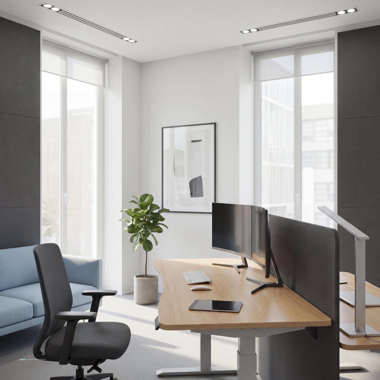 Contemporary office with staff work area and shelving