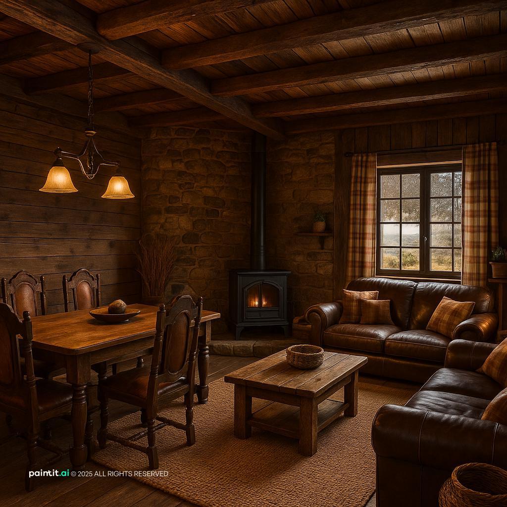 Cabin living room with brown leather sofas, a wood stove and a dining table