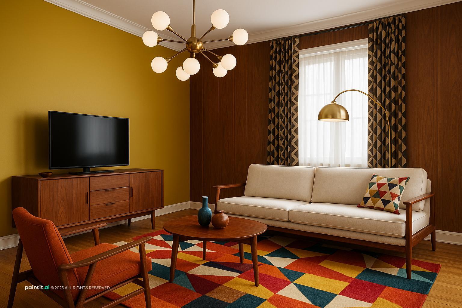 Mid century living room with a mustard wall, a sputnik chandelier, a teak sideboard and a geometric rug