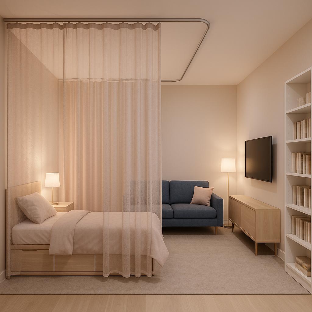 Cozy semi-private bedroom and very small living room design, perfect for studio apartments maximizing comfort and function.