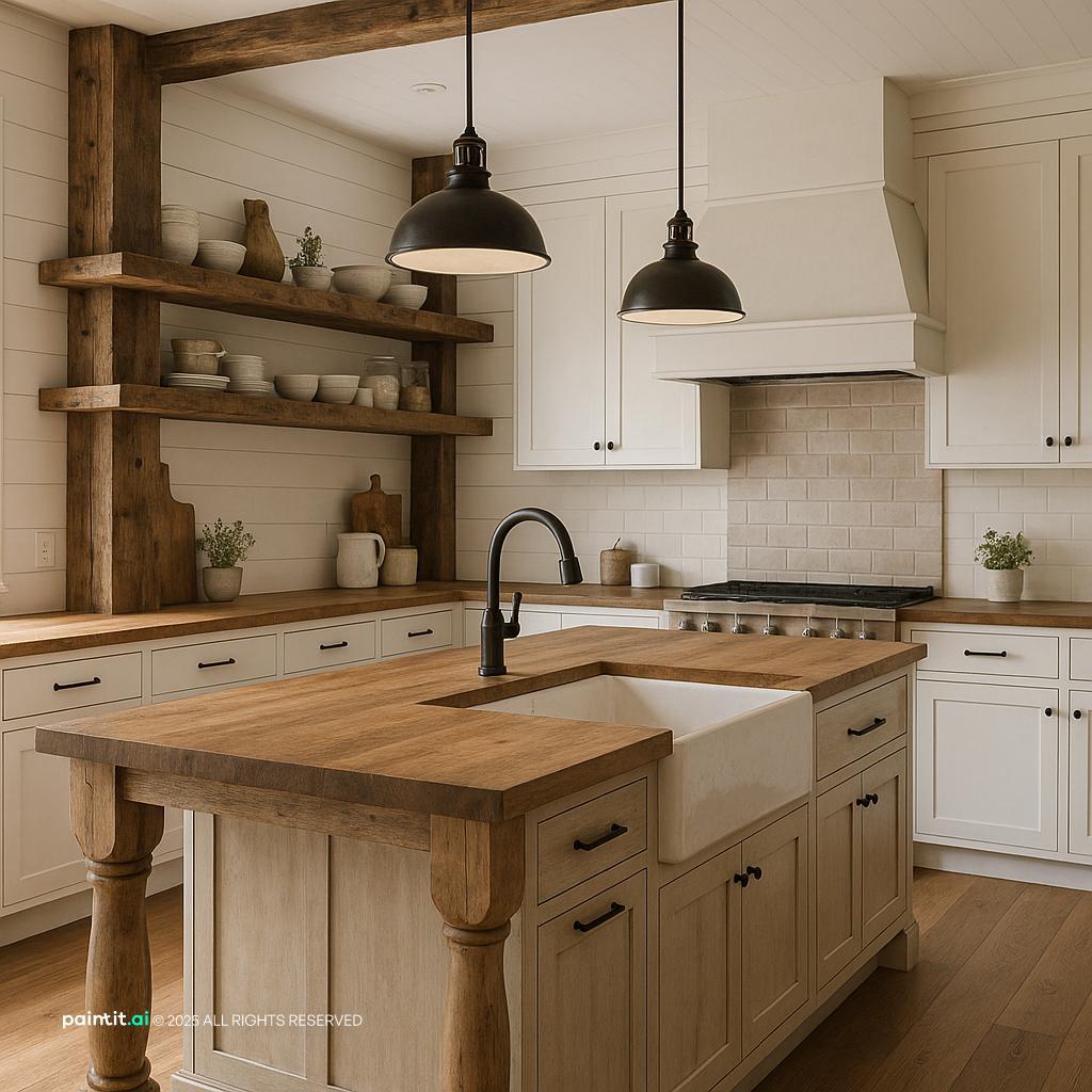 Modern farmhouse kitchen with wood island, open shelving, and soft white cabinetry