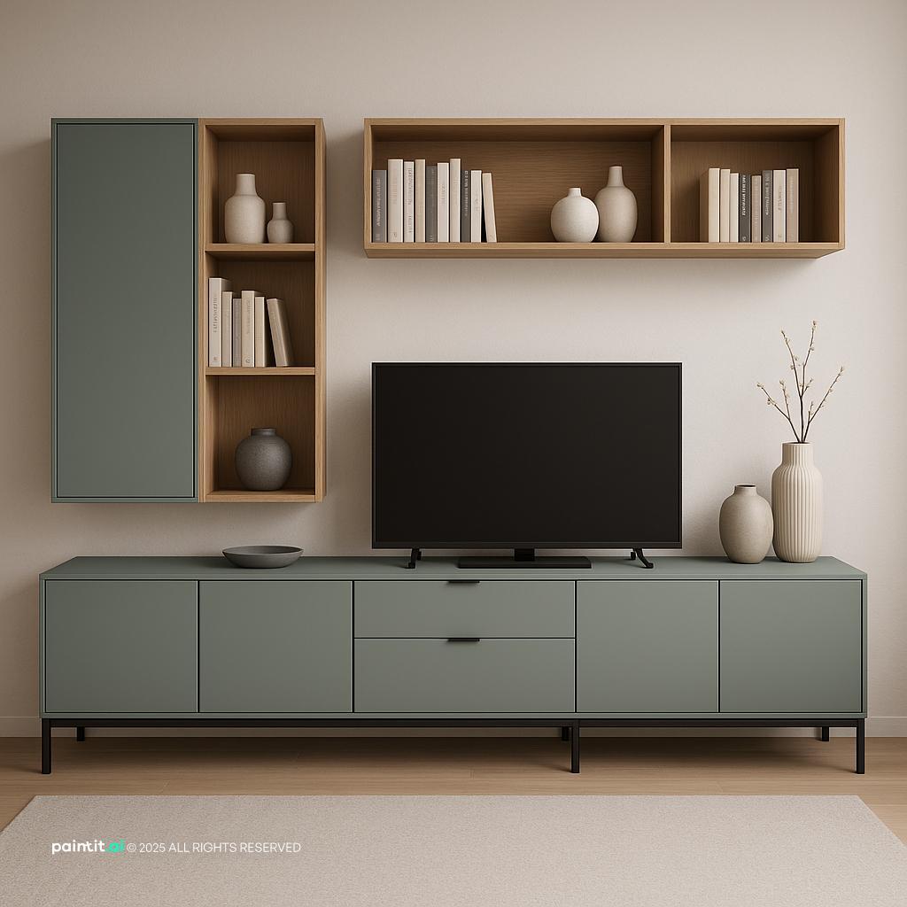 Modern Greek-Inspired Living Room Design with open shelving and a calm living room atmosphere.