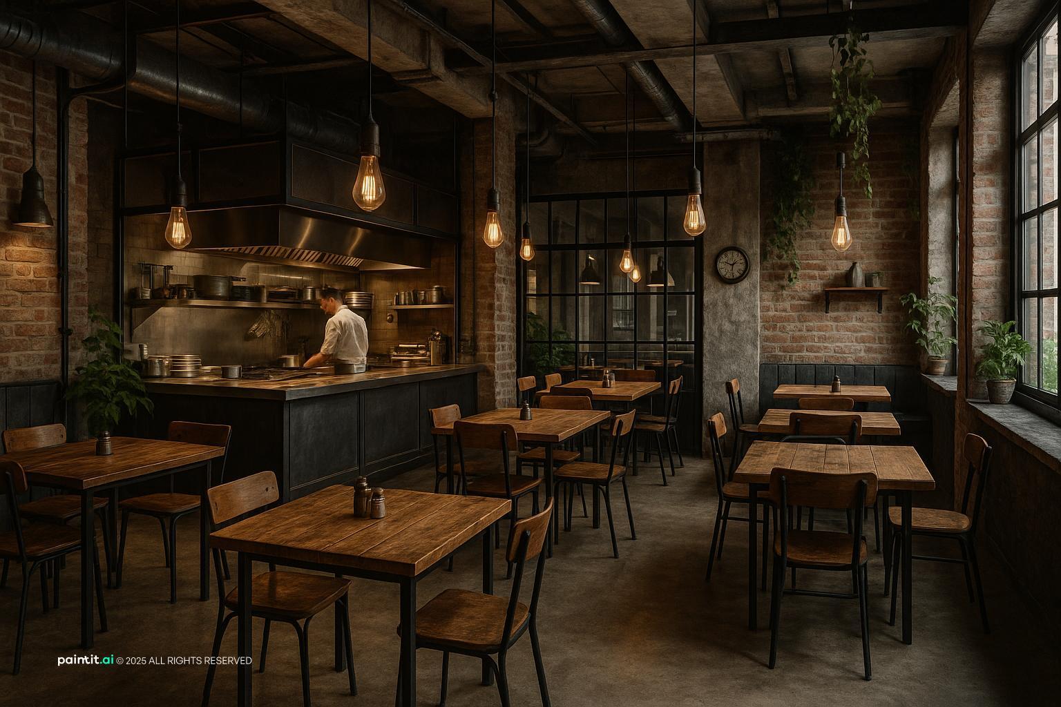 Restaurant with exposed brick walls, dark wood tables and an open kitchen with chefs at work