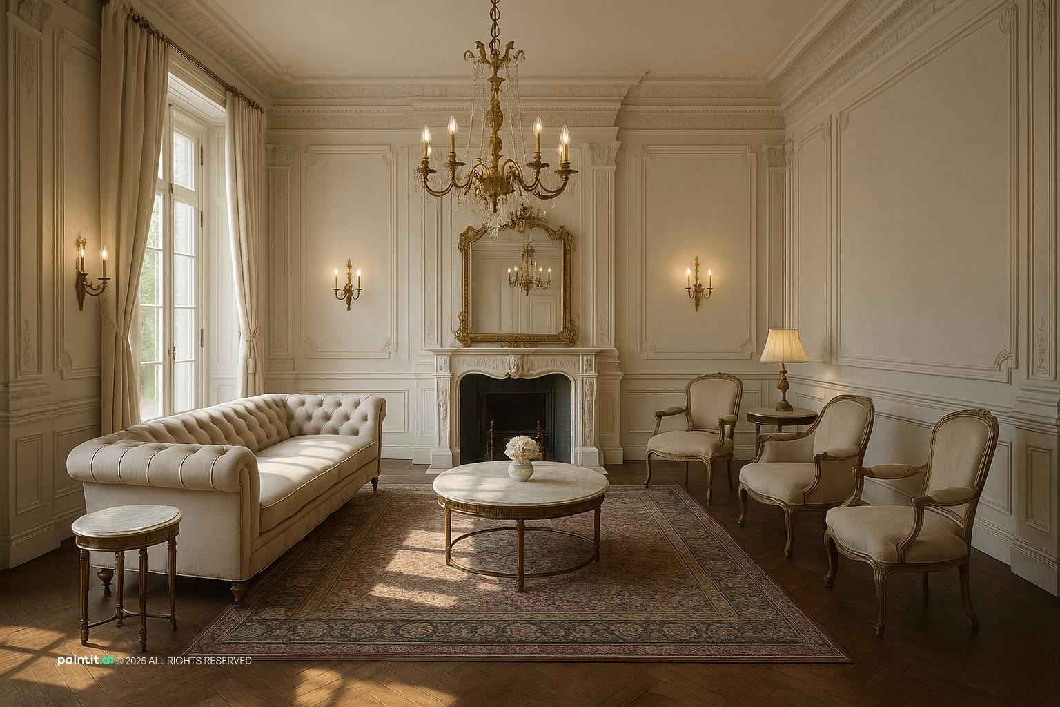 Elegant Neoclassic Living Room Design showing fireplace focal point, metal accents, natural light for Small Living Room With Fireplace.