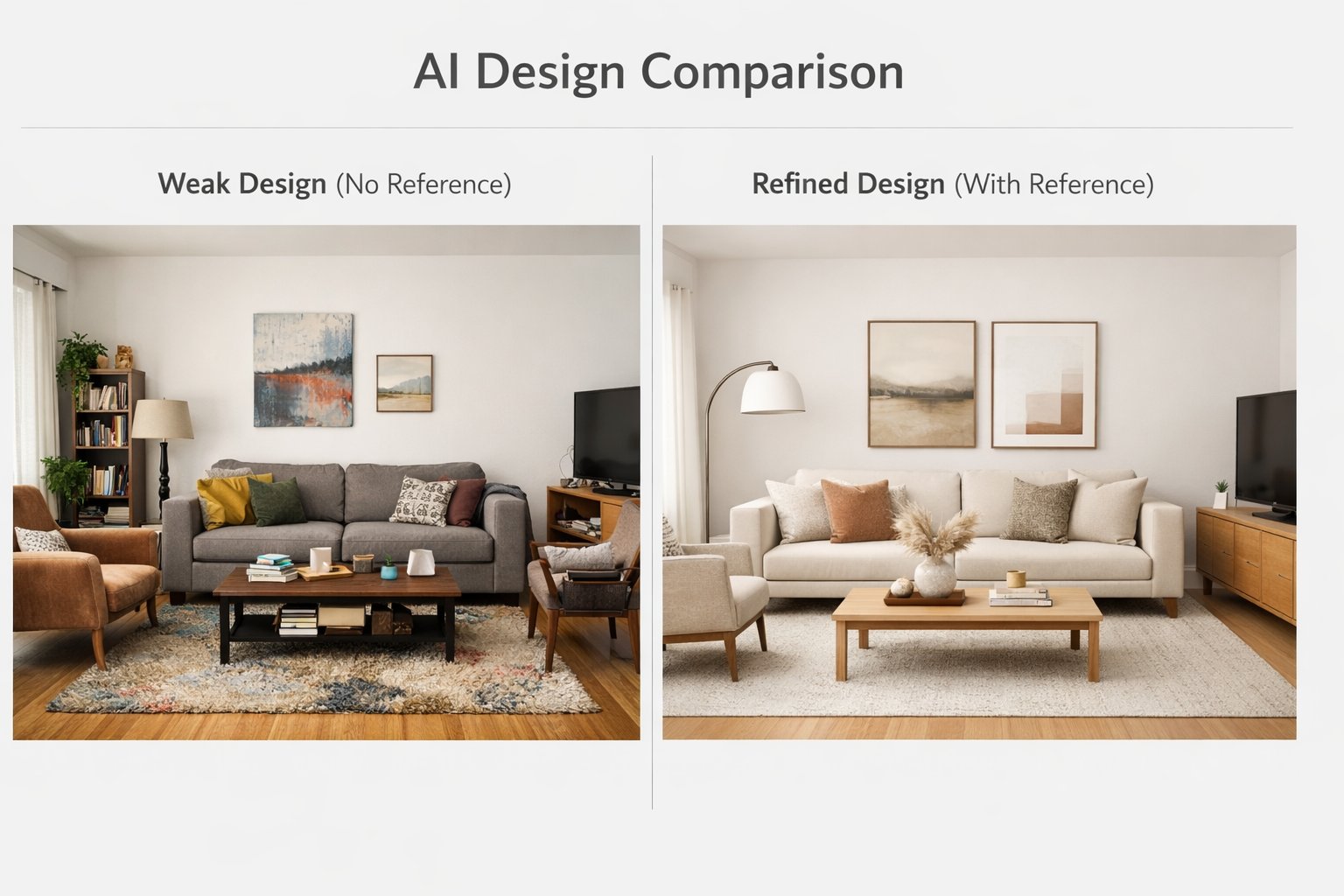 Comparison showing stronger AI interior results when a good Pinterest reference is used