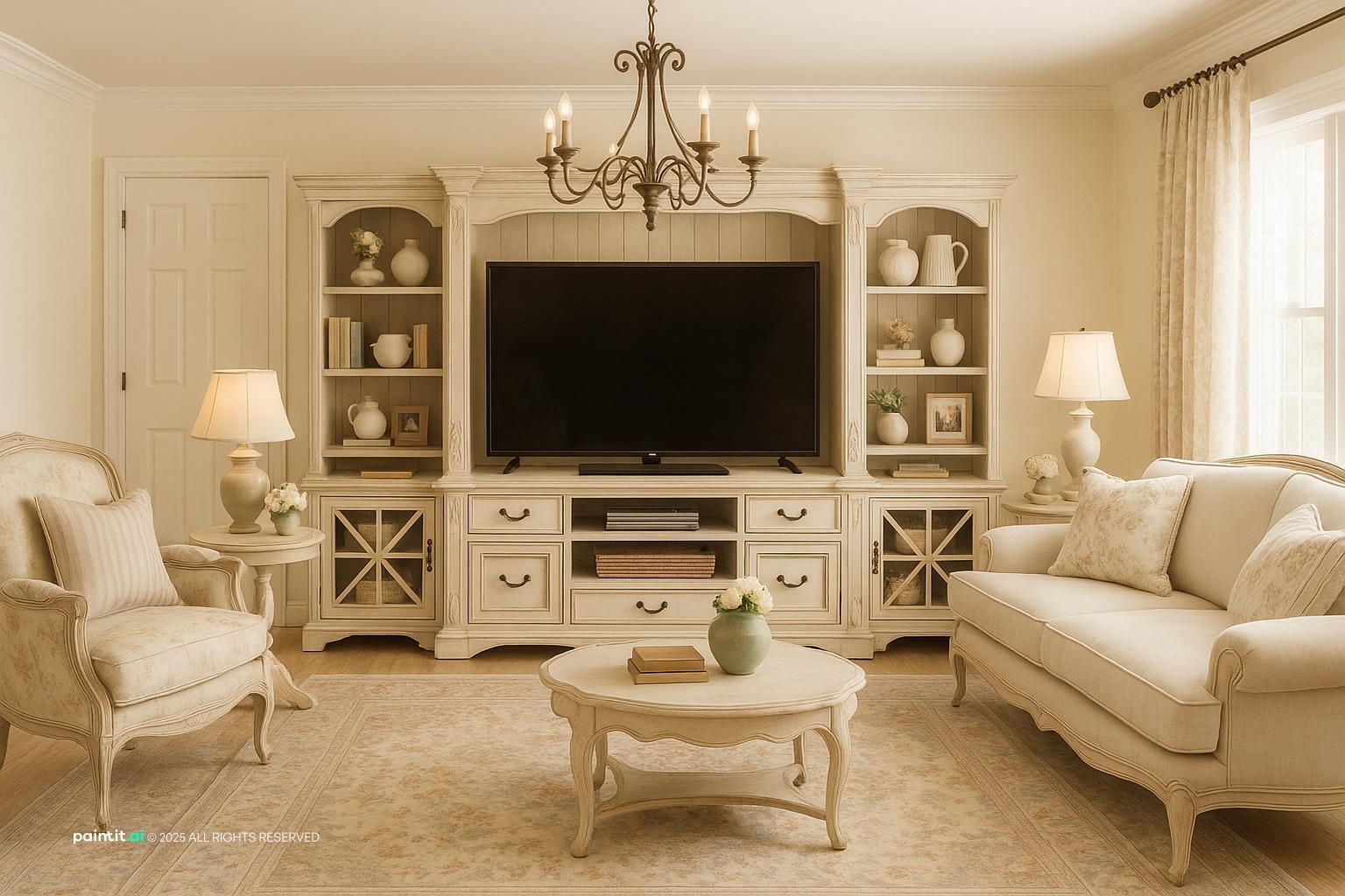 French country living room with cream built-in cabinetry around the TV, carved armchairs and a round coffee table