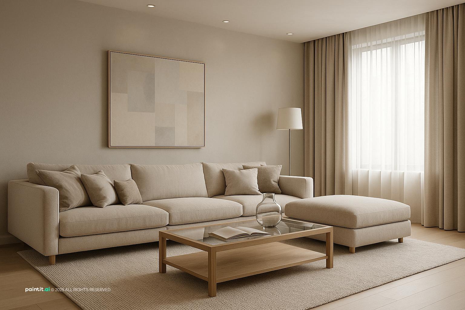 1950s living room with natural textures and a calm living room atmosphere for a calmer living room layout.