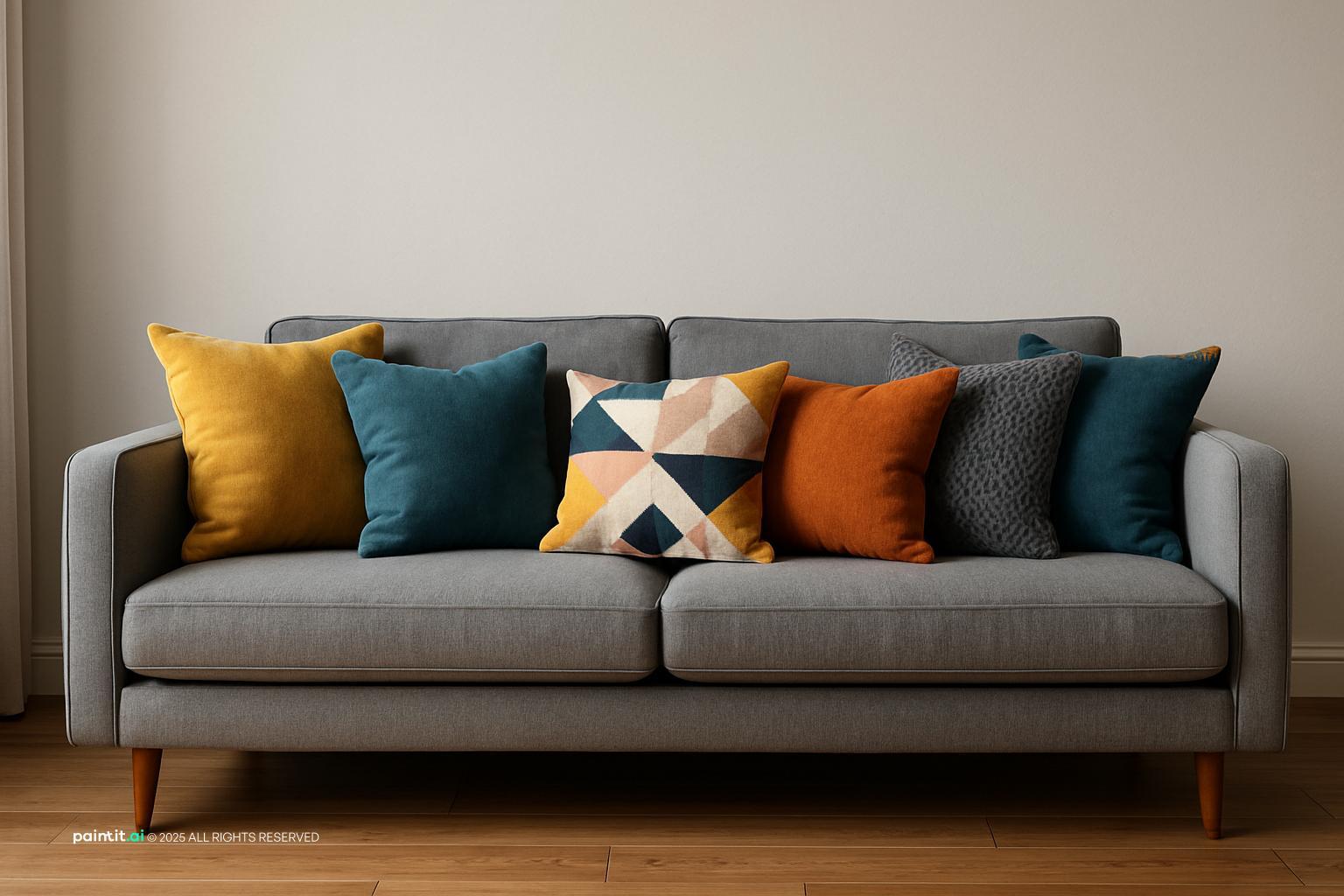 Gray sofa with orange, teal and mustard cushions on a wooden floor