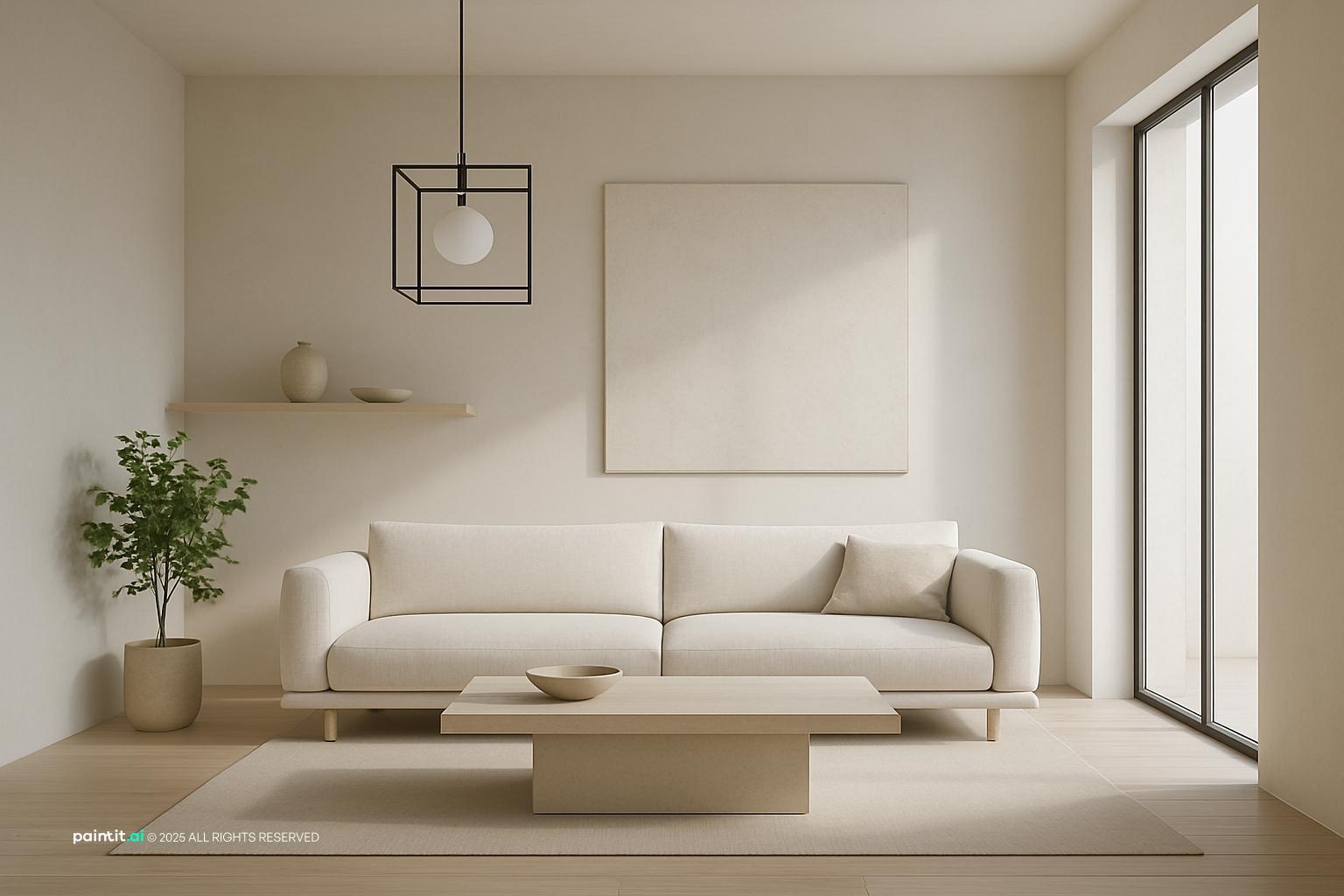 Serene minimalist living room design for a Yemeni home, embracing clean lines and a neutral palette.