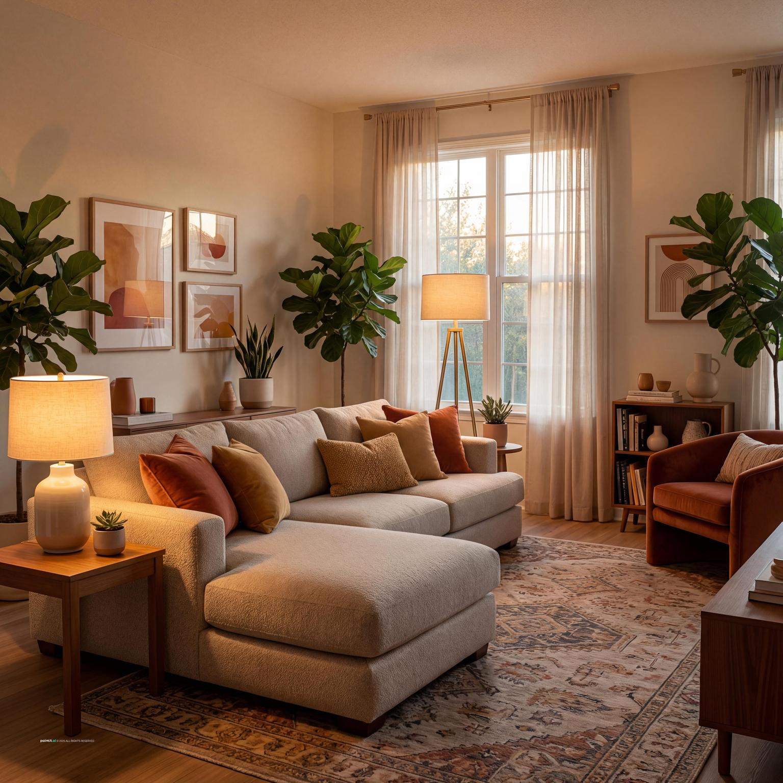 Cozy modern 1980s living room design, combining comfortable, oversized furniture with contemporary (for the era) finishes and decor.