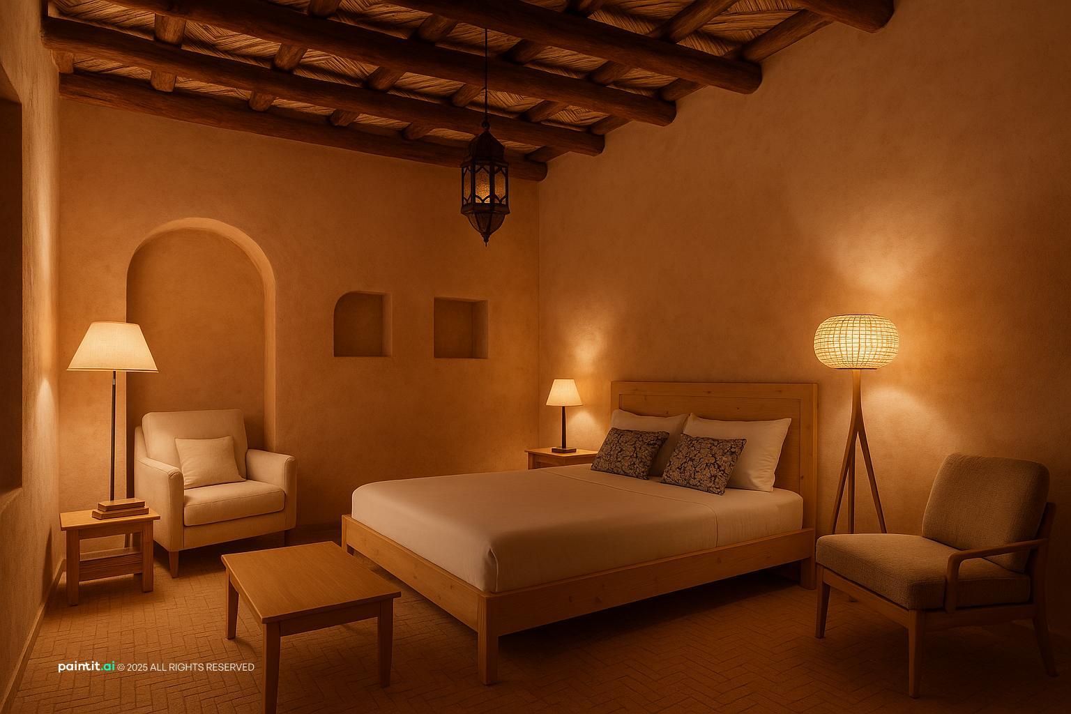Bedroom with warm terracotta plaster walls, built-in wall niches, a low wooden bed and a floor lamp