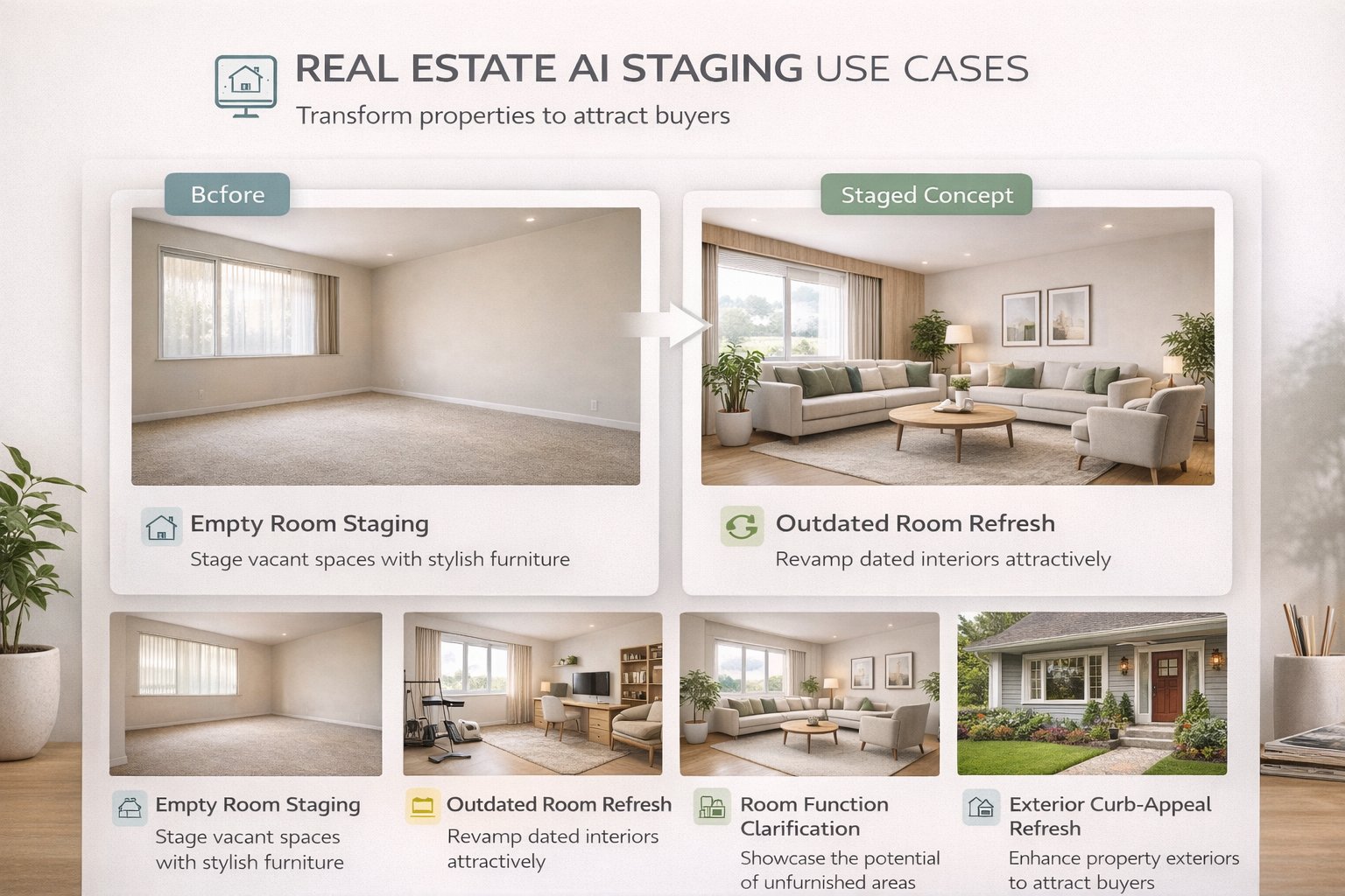 Real estate use cases including empty room staging, outdated room refresh, room function clarification, and exterior refresh