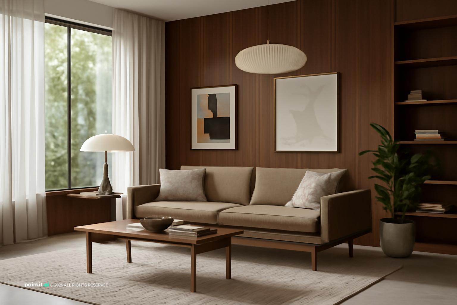Mid century living room with walnut panelling, a cream sofa and a mushroom lamp