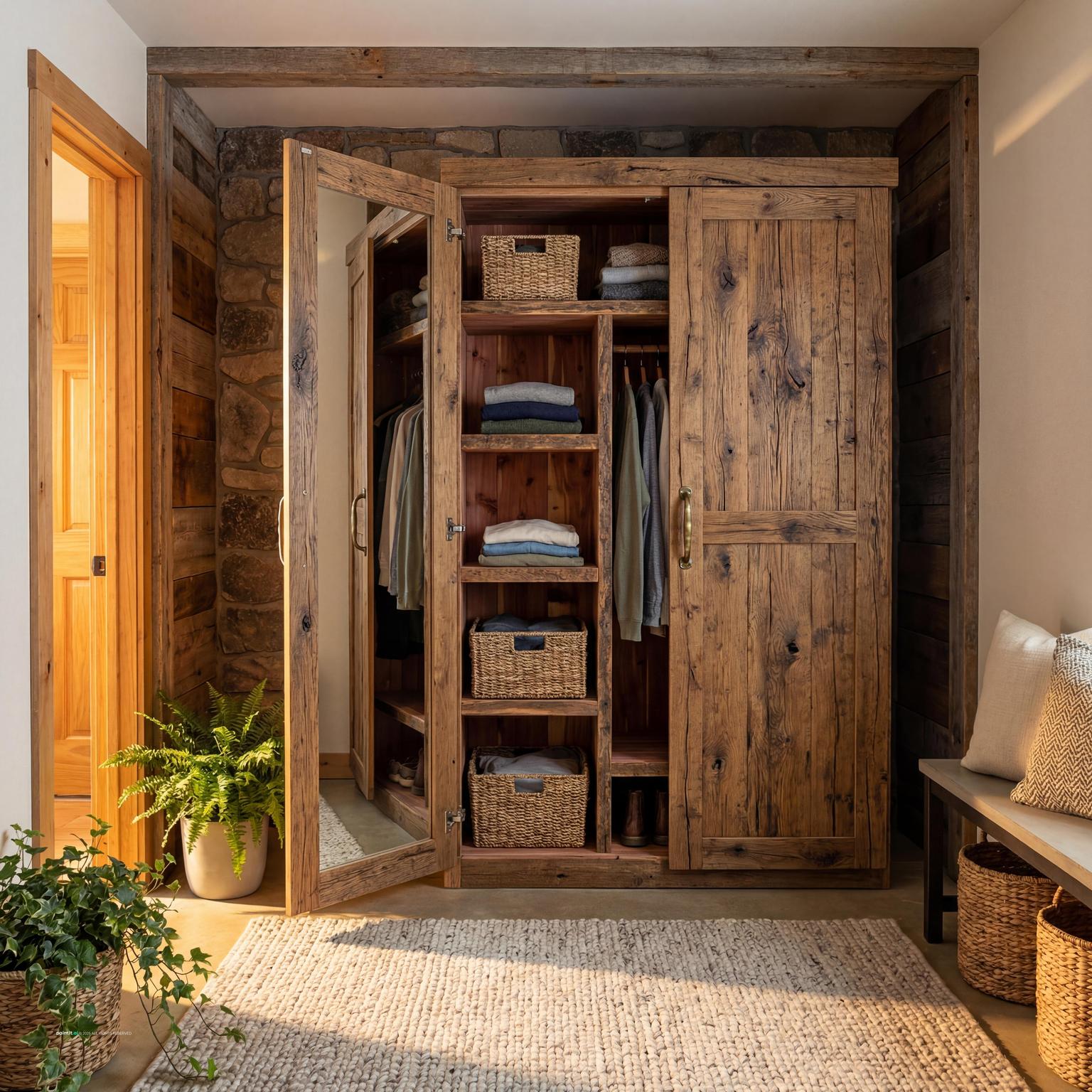 Rustic craftsman shelving with mirror and greenery