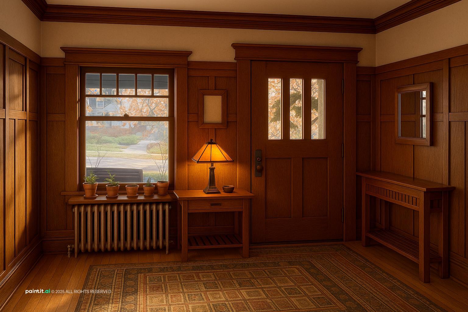 Craftsman entry with wood paneling, mirror, and radiator detail