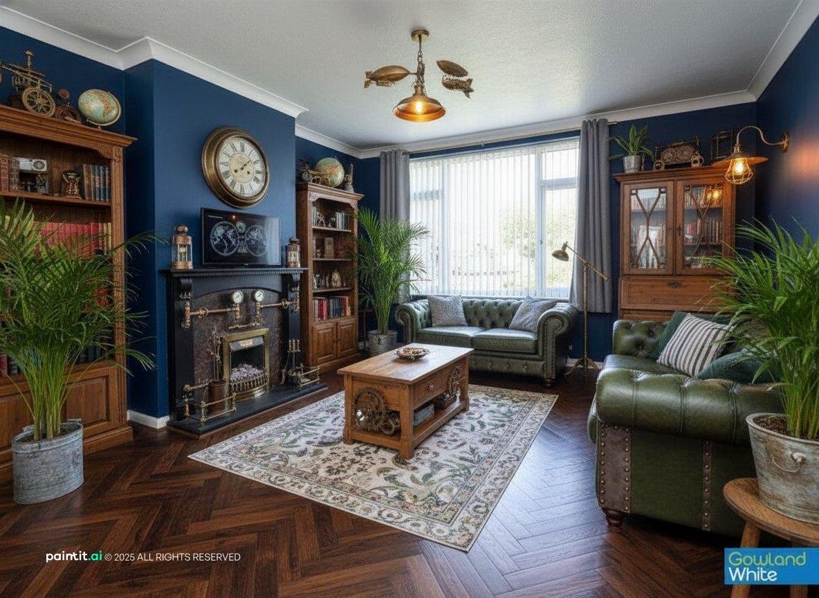 Eclectic living room with a green leather Chesterfield, dark walls, brass details and tropical plants
