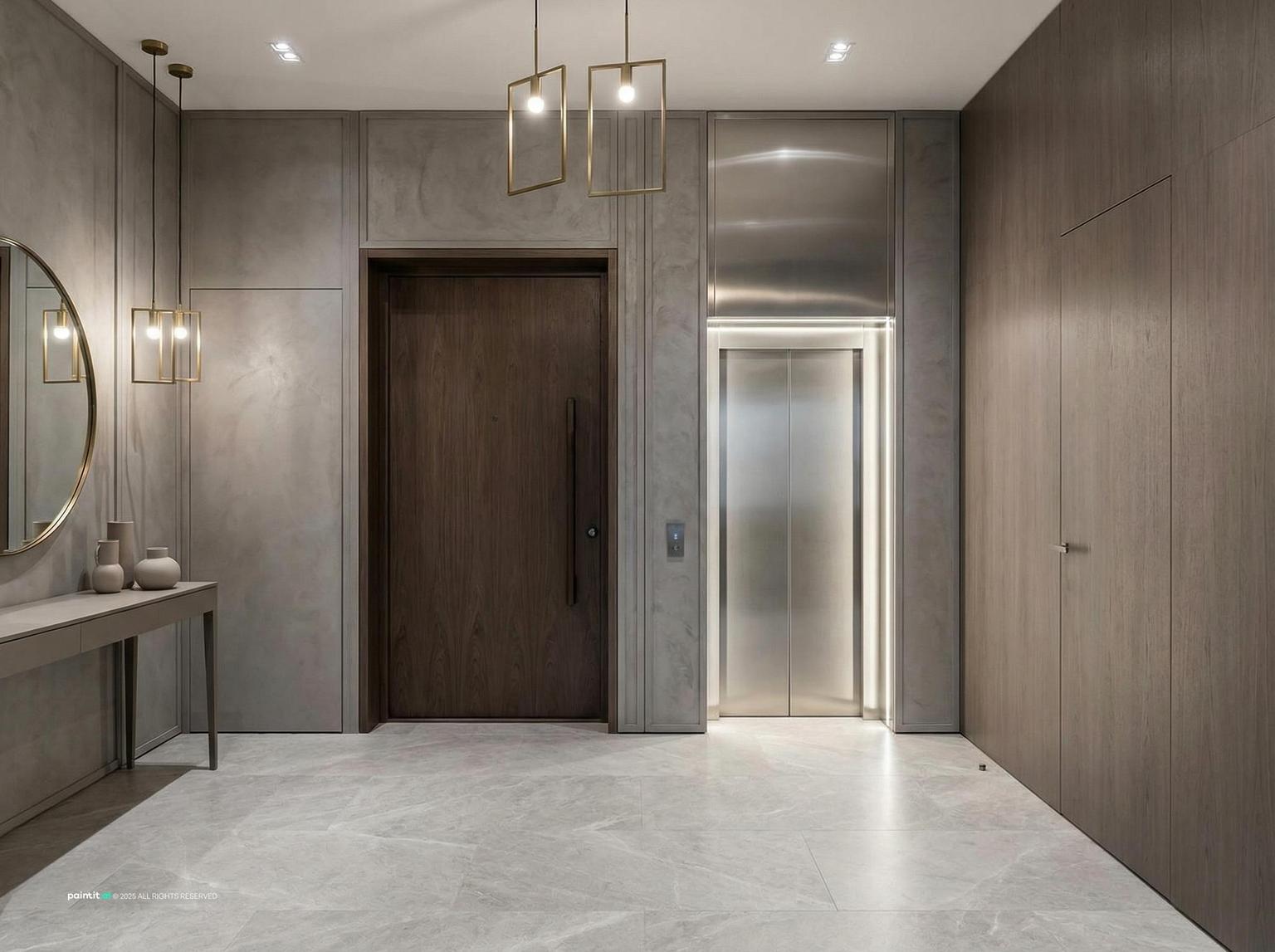 Entryway with a central lift opening, grey stone walls and a wooden side door
