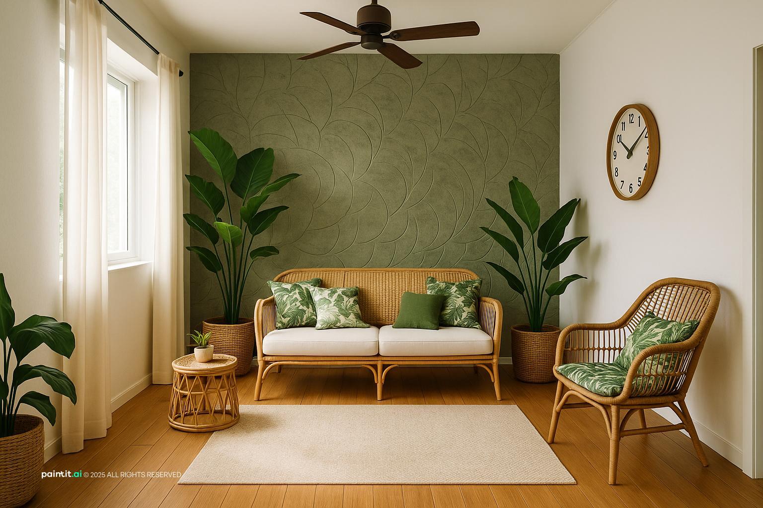 Tropical room with a green accent wall, rattan chairs, a small sofa and potted palms